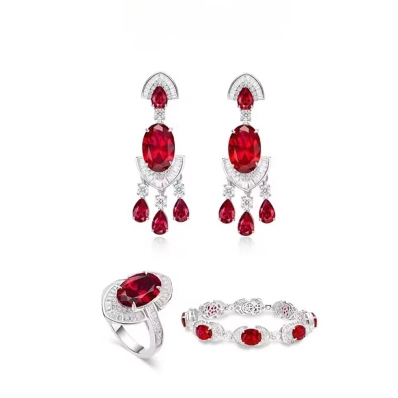 Original Oval Symmetry Red Diamond Feng Shui Art Jewelry Set