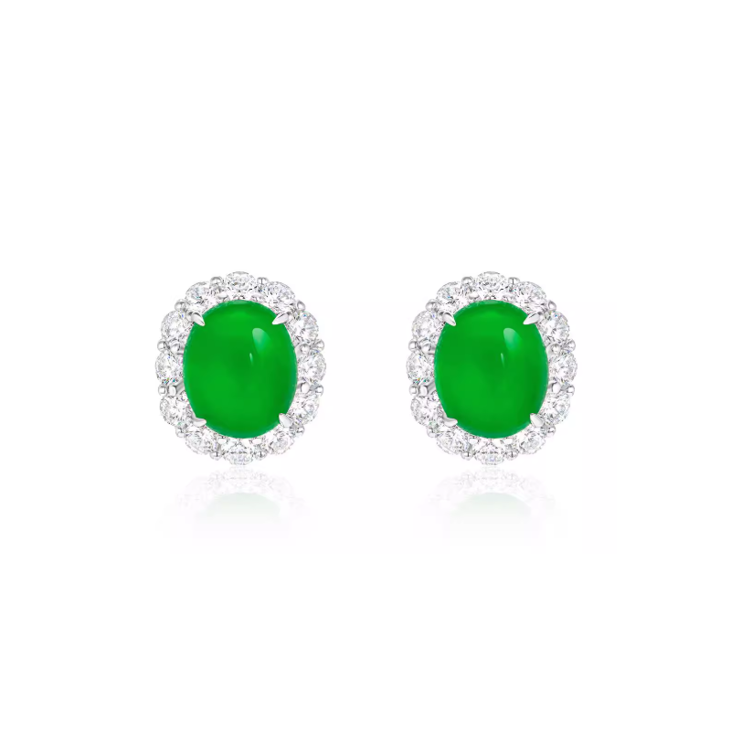 Jade Earring Health & Life Harmony Energy Protection of Imperial Green Oval in Diamond Energy Healing Jade Earring