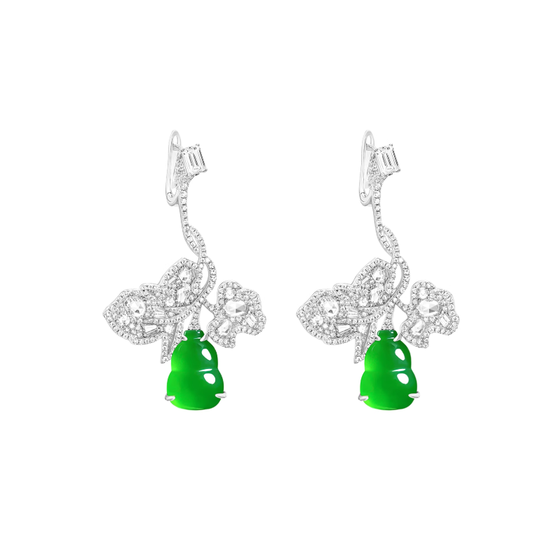 Jade Earring Health & Life Harmony Energy Protection of National Style Green Cucurbit Diamond Energy Healing Jade Earring