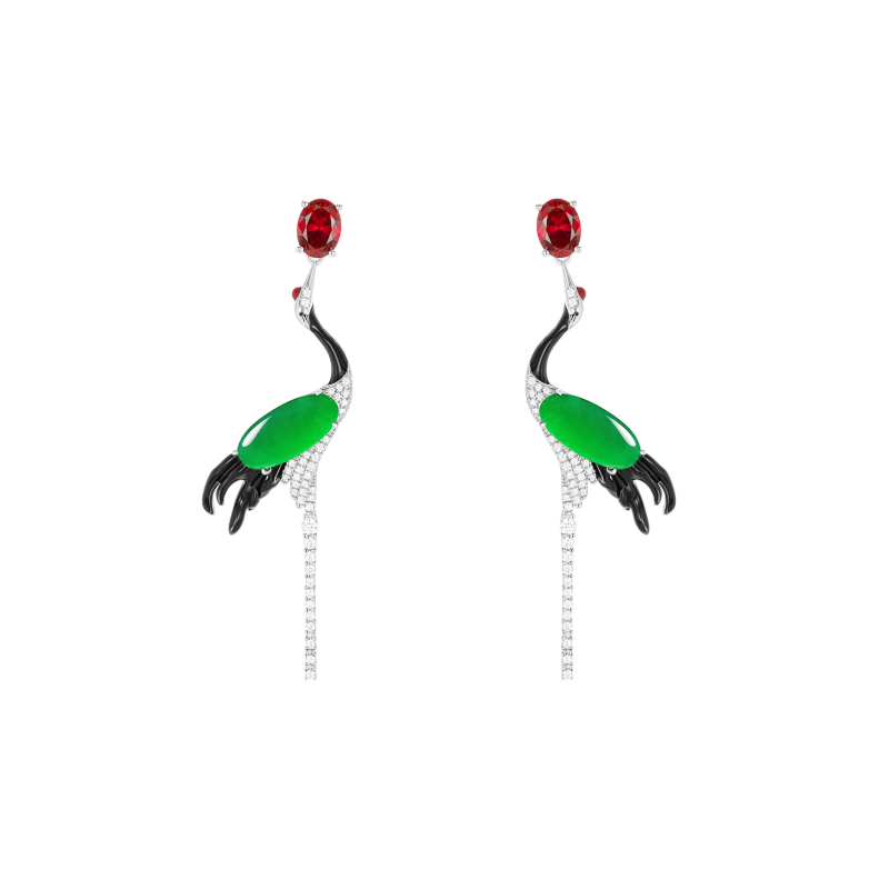 Jade Earring Health & Life Harmony Energy Protection of Crane Design Red Diamond Energy Healing Jade Earring