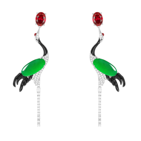 Jade Earring Health & Life Harmony Energy Protection of Crane Design Red Diamond Energy Healing Jade Earring