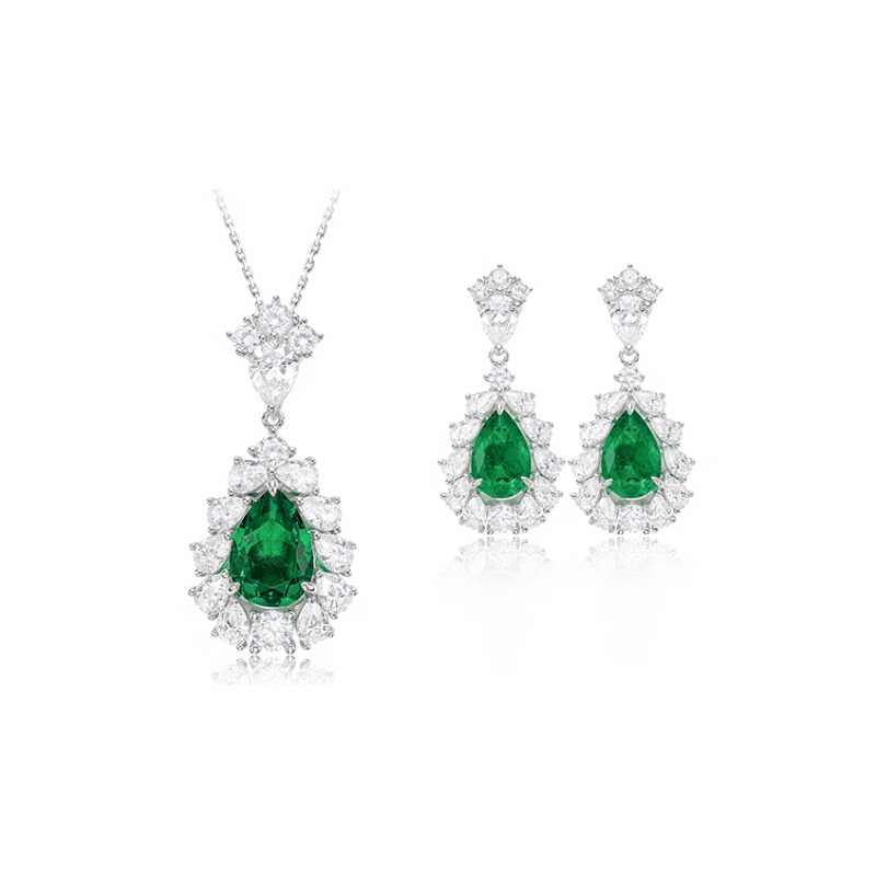 Oriental Energy Blessing for Teardrop Emerald Diamond Energy Healing Art Jewelry Set