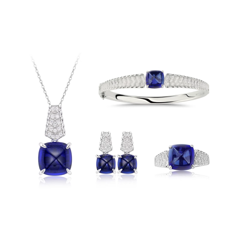 Oriental Energy Blessing for Sugar Tower Cut Sapphire Diamond Energy Healing Art Jewelry Set