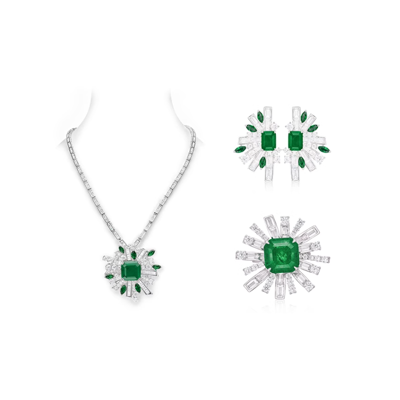 Oriental Energy Blessing for Floral Emerald Diamond Energy Healing Art Jewelry Set