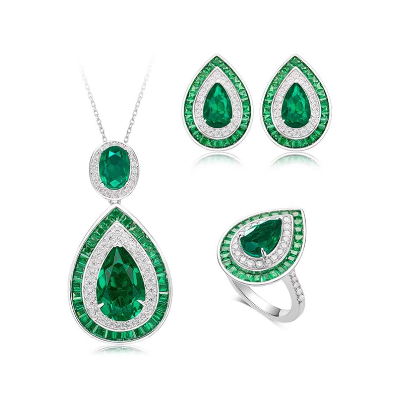 Oriental Energy Blessing for Teardrop New Emerald Diamond Energy Healing Art Jewelry Set