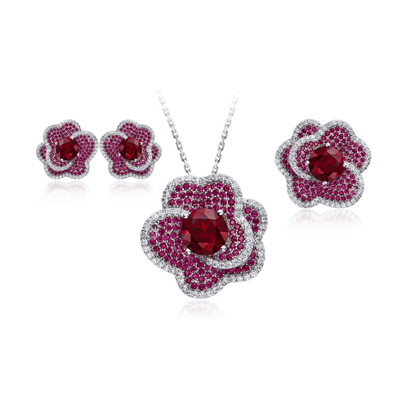 Oriental Energy Blessing for Flower Rose Red Diamond Energy Healing Art Jewelry Set