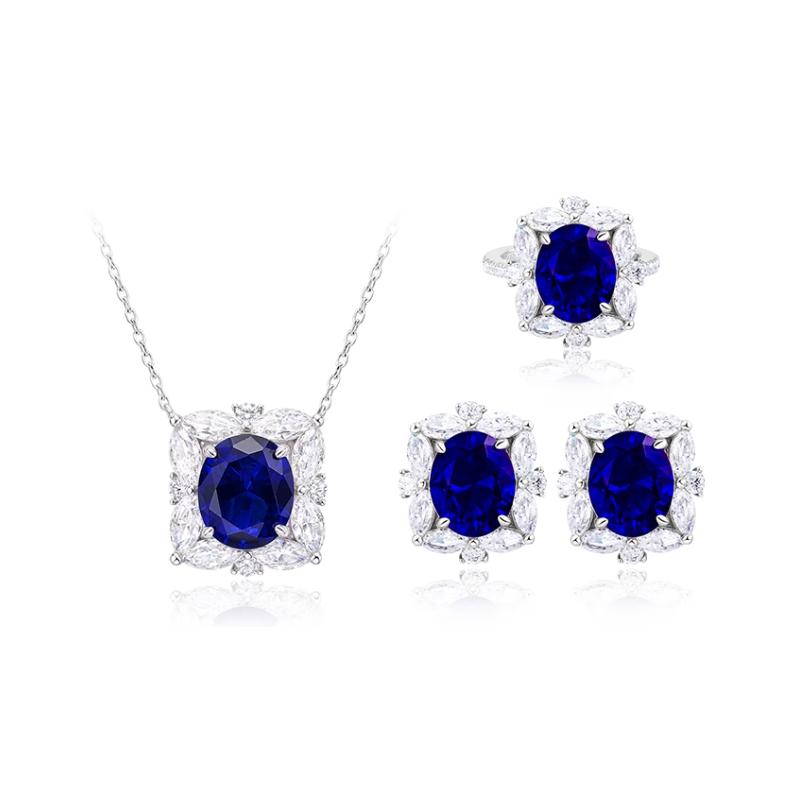 Oriental Energy Blessing for Oval Royal Blue Diamond Energy Healing Art Jewelry Set