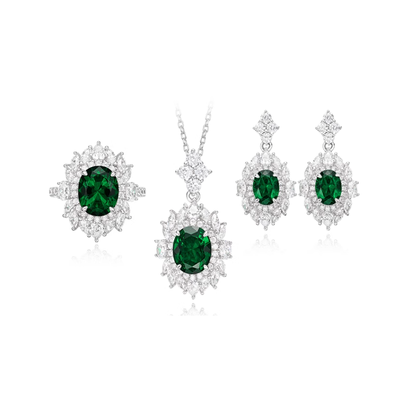 Oriental Energy Blessing for Queen Oval Emerald Diamond Energy Healing Art Jewelry Set