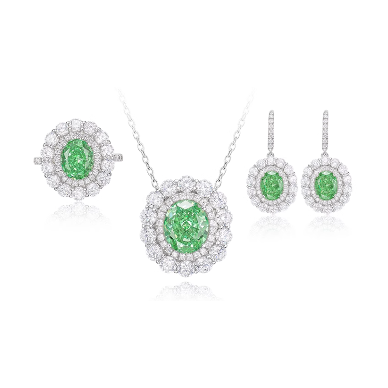 Oriental Energy Blessing for Relax Oval Paraiba Green Diamond Energy Healing Art Jewelry Set