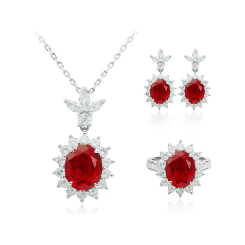 Oriental Energy Blessing for Oval Diana Style Ruby Diamond Energy Healing Art Jewelry Set