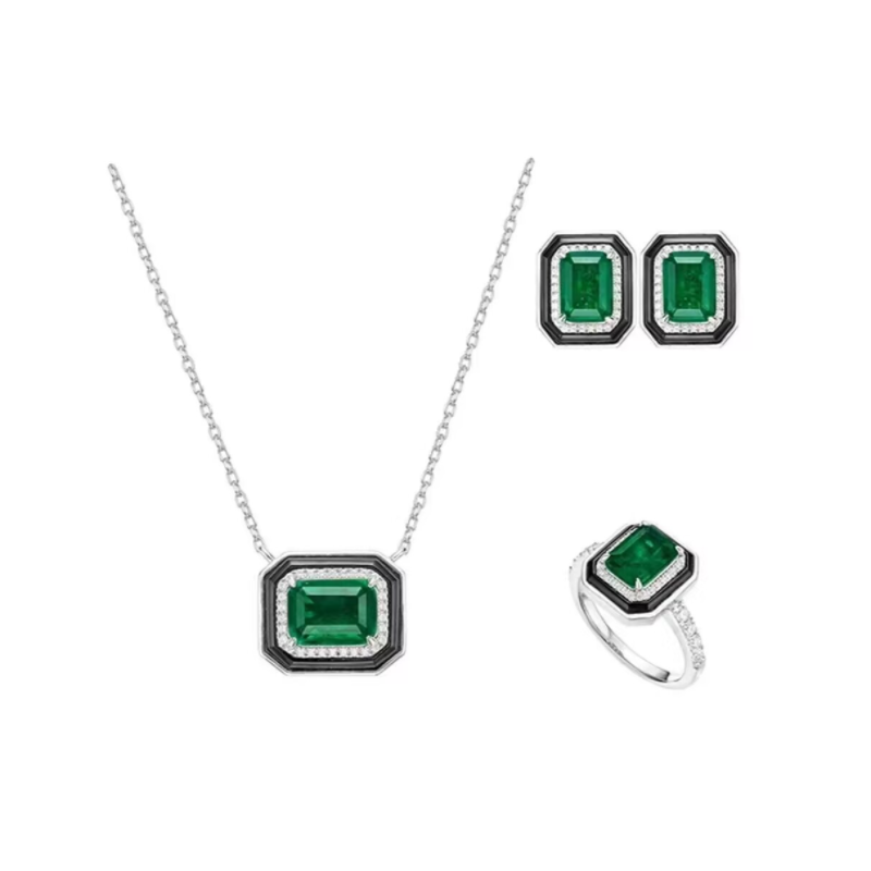 Oriental Energy Blessing for Cool Square Emerald Diamond Energy Healing Art Jewelry Set