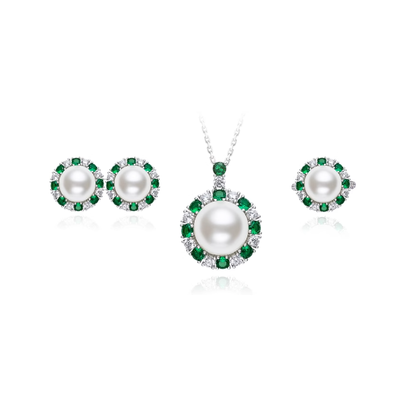 Oriental Pearl Energy Protection of White Round Emerald Energy Heal Pearl Jewelry Set