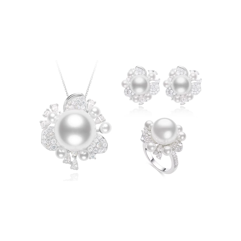 Oriental Pearl Energy Protection of Flower White Diamond Energy Heal Pearl Jewelry Set