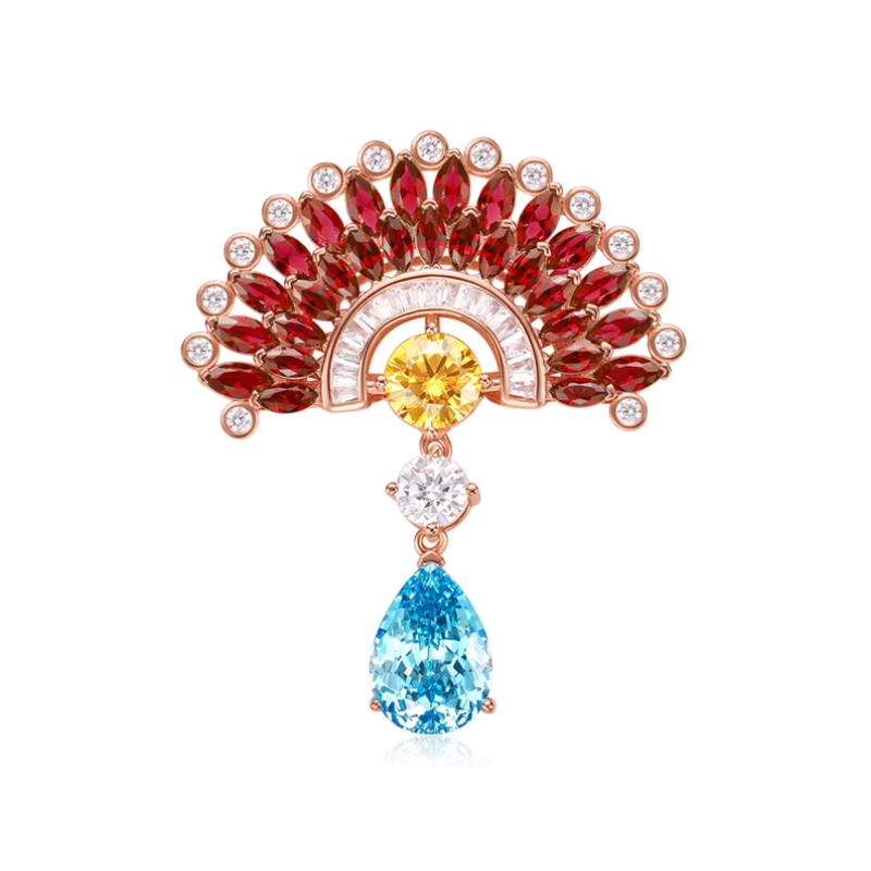 Beauty & Life Harmony Breastpin Energy Protection of Ruby Fan Sky Blue Gem Energy Heal Art Breastpin