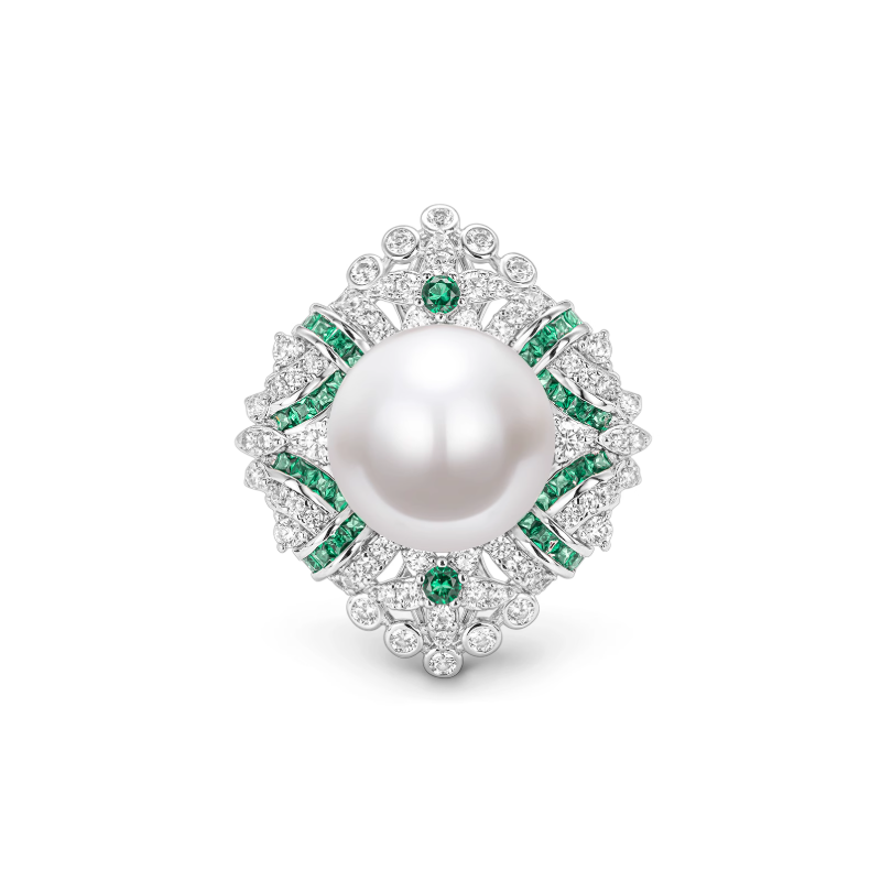 Oriental Pearl Ring Buddha Energy Protection of White Green Flower Diamond Energy Heal Pearl Ring