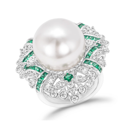 Oriental Pearl Ring Buddha Energy Protection of White Green Flower Diamond Energy Heal Pearl Ring