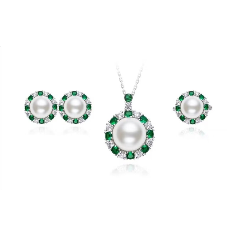 Original Round White Light Pearl Emerald Feng Shui Art Jewelry Set