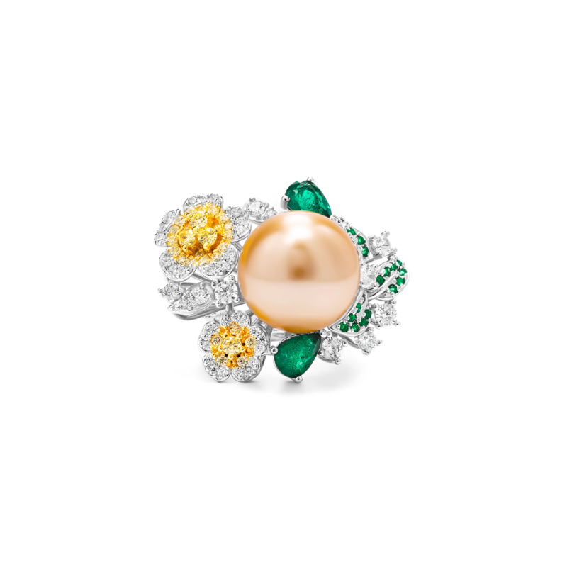 Oriental Pearl Ring Buddha Energy Protection of Gold Green Yellow Flower Energy Heal Pearl Ring