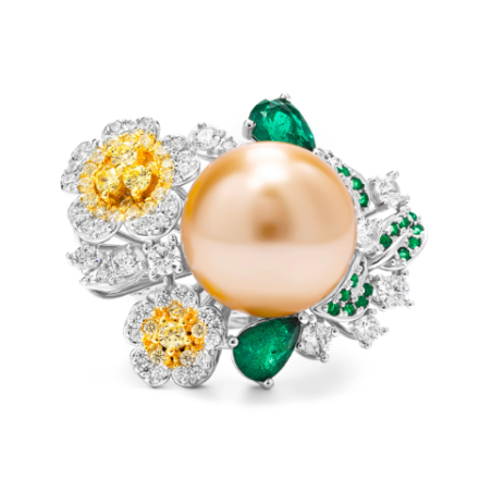 Oriental Pearl Ring Buddha Energy Protection of Gold Green Yellow Flower Energy Heal Pearl Ring