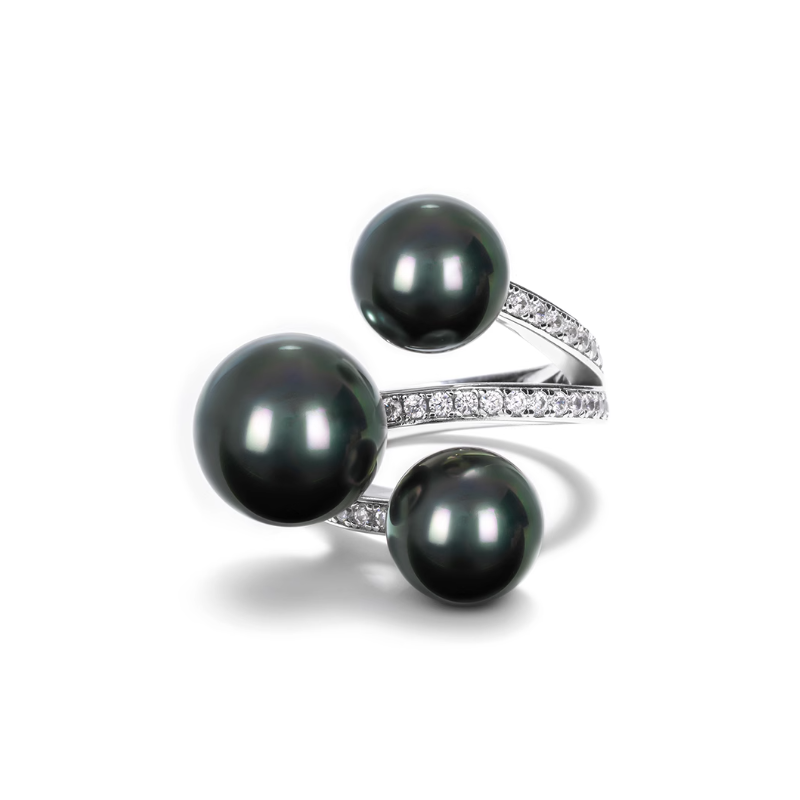 Oriental Pearl Ring Buddha Energy Protection of Tahiti Black Beads Diamond Energy Heal Pearl Ring