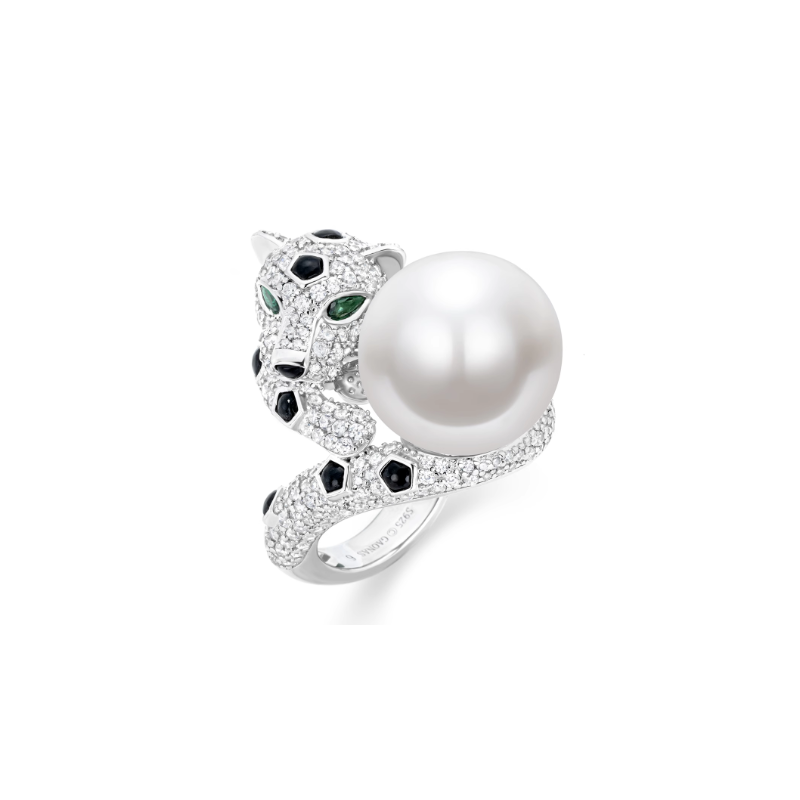 Oriental Pearl Ring Buddha Energy Protection of White Diamond Leopard Energy Heal Pearl Ring