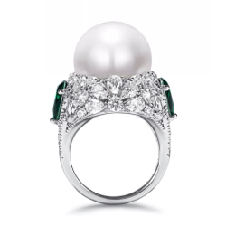 Oriental Pearl Ring Buddha Energy Protection of White Diamond Emerald Energy Heal Pearl Ring