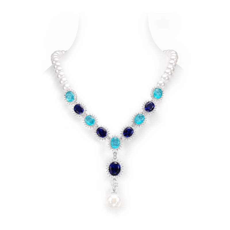 Elegant Style Grace Neon Blue Pearl Feng Shui Art Necklace Online for Sale