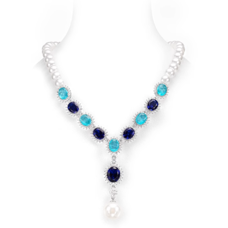 Elegant Style Grace Neon Blue Pearl Feng Shui Art Necklace Online for Sale