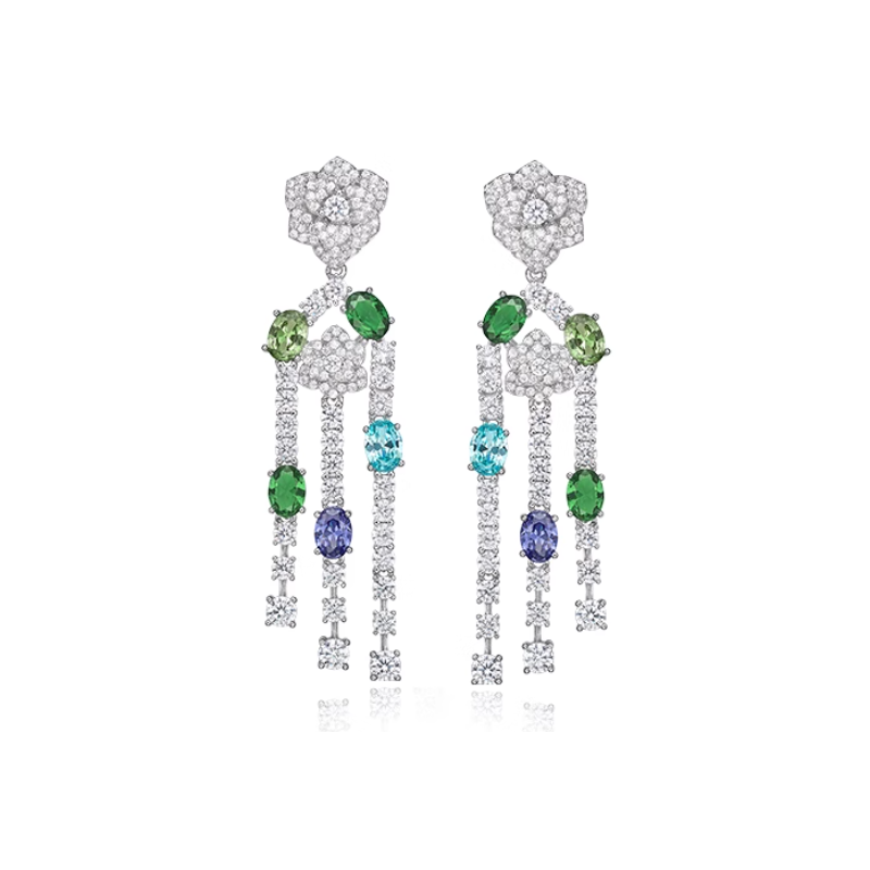 Great Beauty Treasure Earring of Tassels Rose Colorful Full Diamonds Feng Shui Art Earring Online Custom Made