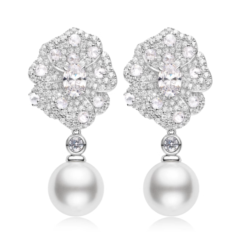 Great Beauty Treasure Earring of Luxuriant Flowers Diamond Pearl Feng Shui Art Earring Online Custom Made