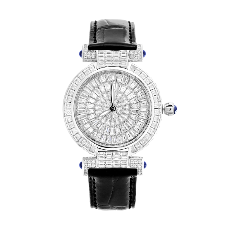 Treasure Diamond Watch of Full Diamond Crocodile Black Leather Quartz Women Art Watch Online Custom Made