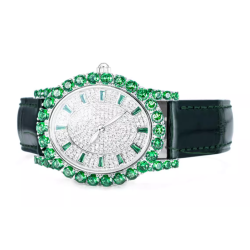 Treasure Diamond Watch of Emerald Gem Crocodile Leather Quartz Women Art Watch Online Custom Made