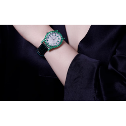 Treasure Diamond Watch of Emerald Gem Crocodile Leather Quartz Women Art Watch Online Custom Made