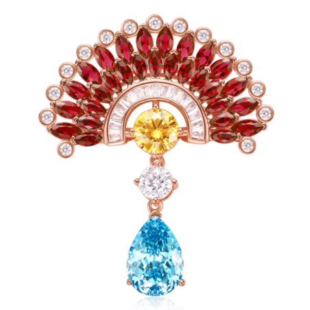 Treasure Diamond Women Brooch of Color Gems Fan Shape Feng Shui Art Brooch Online Handmade