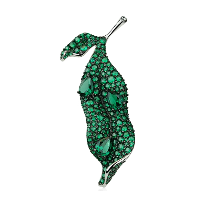 Treasure Diamond Women Brooch of Green Leaf Shape Diamond Feng Shui Art Brooch Online Handmade