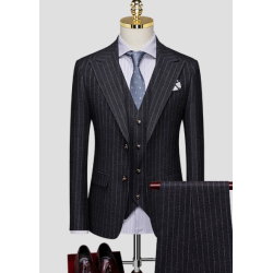 100% Handmade UK Elite Style 3 Piece Set Deep Gray Stripe UK Business Men Suit for Gentleman