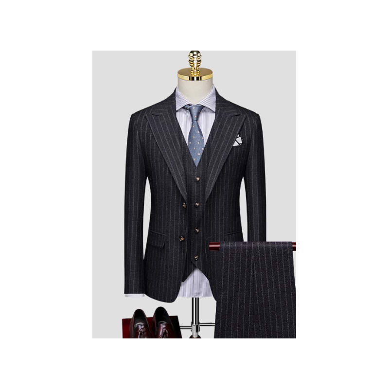 100% Handmade UK Elite Style 3 Piece Set Deep Gray Stripe UK Business Men Suit for Gentleman