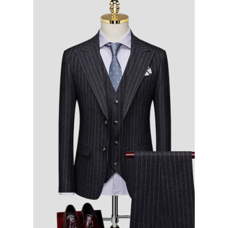 100% Handmade UK Elite Style 3 Piece Set Deep Gray Stripe UK Business Men Suit for Gentleman