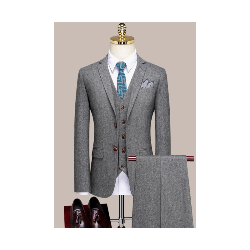 100% Handmade UK Elite Style 3 Piece Set Gentleman Gray Business Men Wool Suit for Gentleman