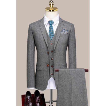 100% Handmade UK Elite Style 3 Piece Set Gentleman Gray Business Men Wool Suit for Gentleman