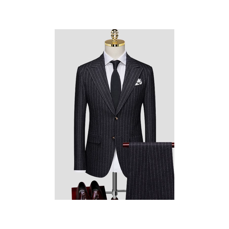 100% Handmade UK Elite Style 2 Piece Deep Gray Stripe UK Business Men Suit for Gentleman